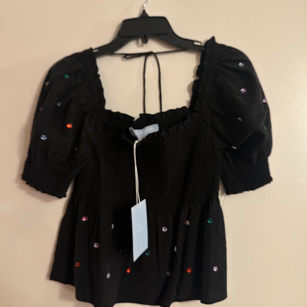 NWT RARE Hill House Home Black Jeweled Puff Sleeve Top Size M